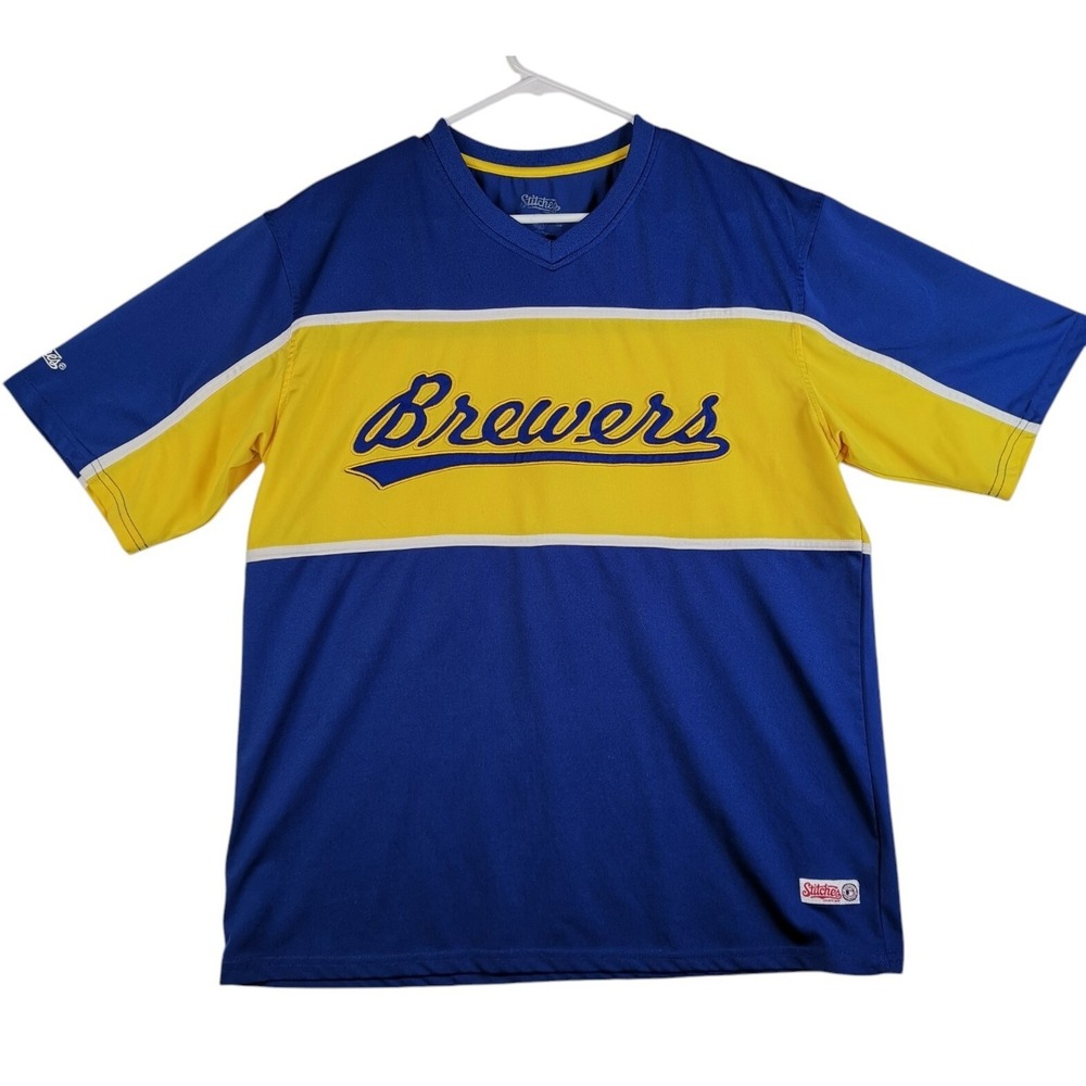 Milwaukee Brewers MLB Script Embroidered Blue Yellow Stitches Shirt  Size L